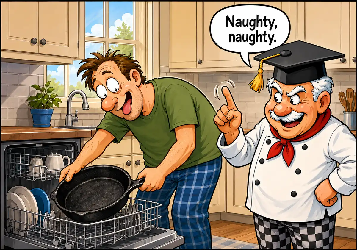Dumb looking guy putting cast iron skillet in dishwasher and being scolded by chef
