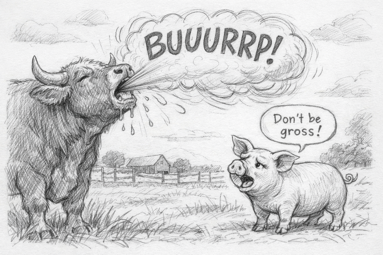 steer burping at a pig