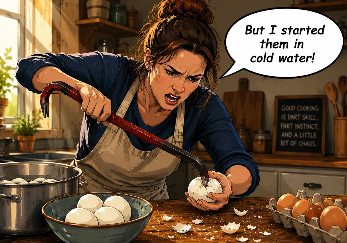 Peeling egg with crowbar