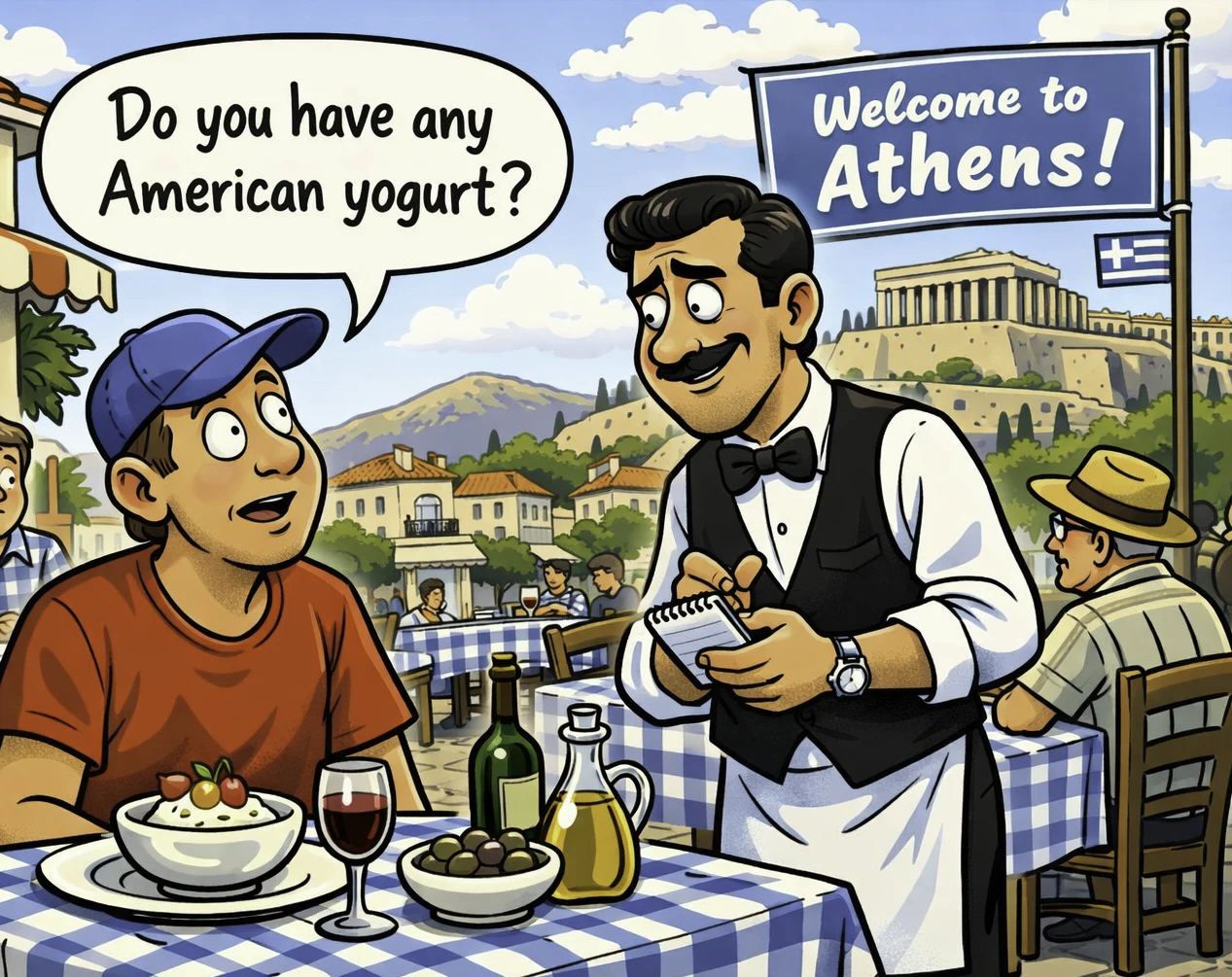 Greek Yogurt Patron in Greece asking for American yogurt