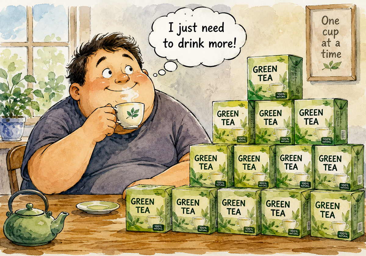 Chubby man drinking green tea