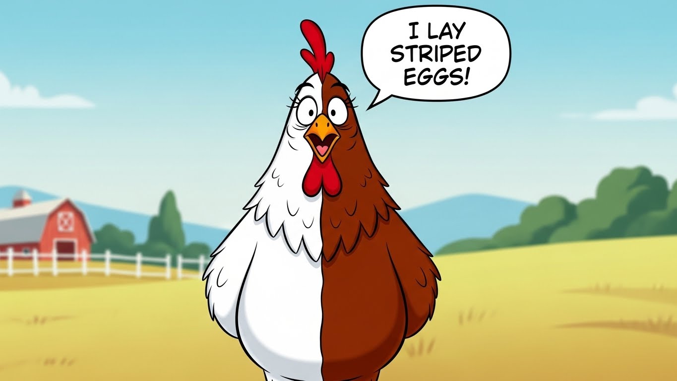 two colored hen commenting on her eggs