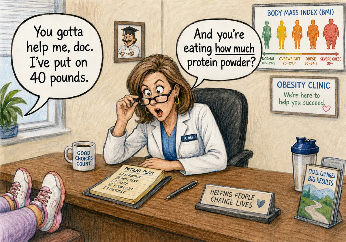 Woman at obesity clinic being asked about protein supplement intake