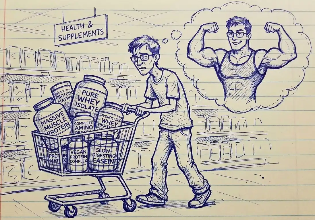 Weakling buying protein supplements and dreaming of himself with muscles